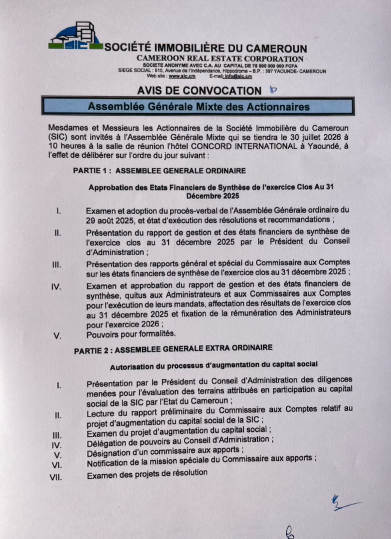 Actionnaires de la Sic : 30 juillet 2026, date de l’assemblée générale